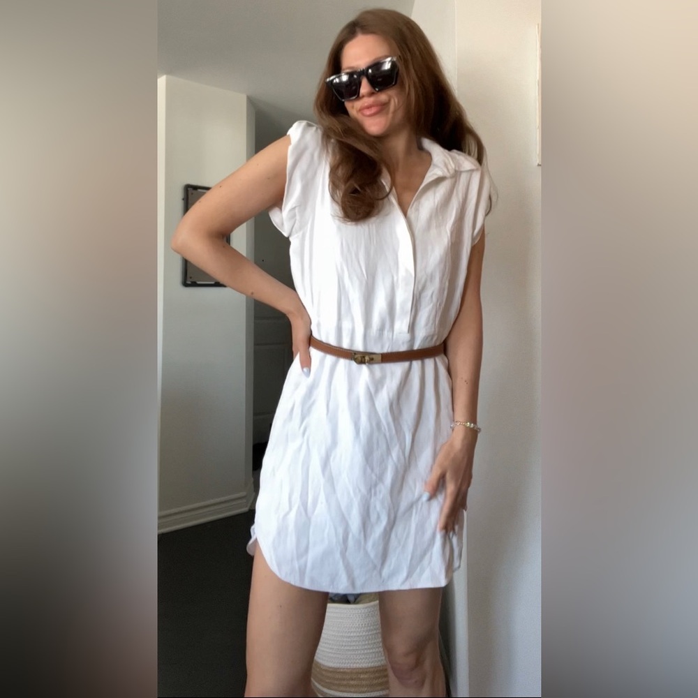 Simons White Mini Shirt Dress with Brown Belt